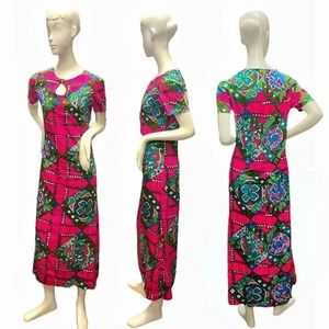Vintage 70’s Vibrant Abstract Print Pink And Green Maxi Dress